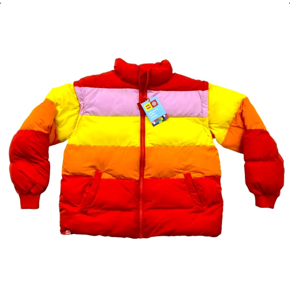 Lego Multicolor Striped Puffer Jacket — Red, Yellow, Orange, Purple